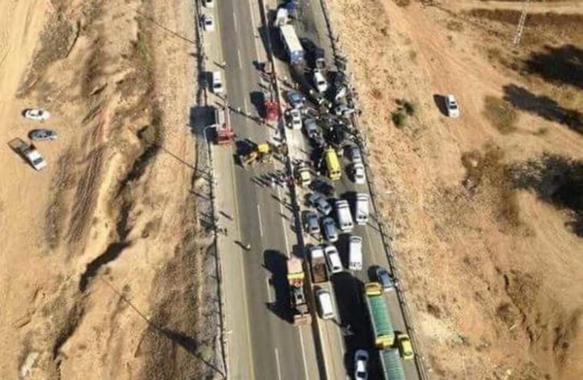 Aerial picture of chain accident at Lehavim Junction in Negev (photo credit: COURTESY ISRAEL POLICE)