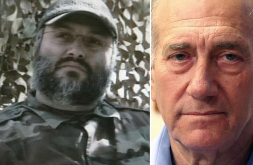Former prime minister Ehud Olmert (R) and late Hezbollah arch-terrorist Imad Mughniyeh (photo credit: REUTERS)