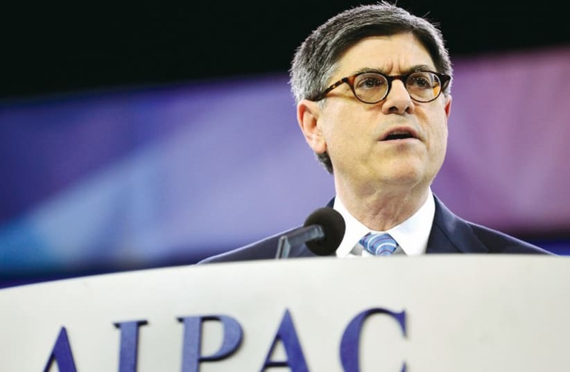 US treasury Secretary Jack Lew addresses AIPAC last year. Characterizing Zionist groups as the nefarious ‘Israel lobby’ is not new. (photo credit: REUTERS)