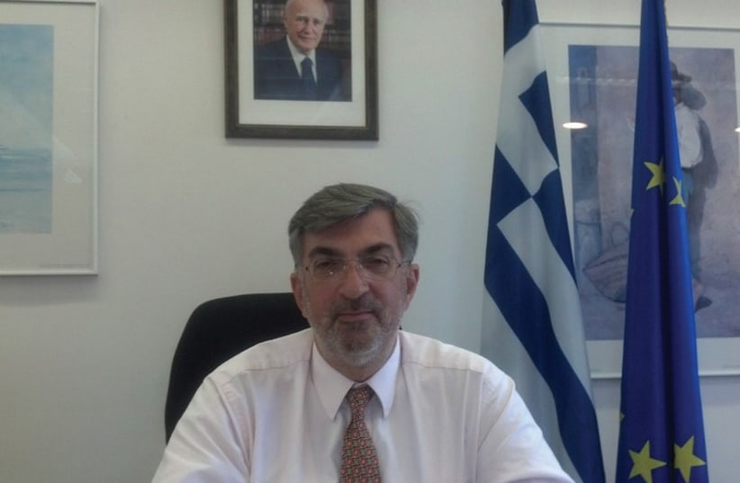 Greek Ambassador Spiros Lambridis in his office (photo credit: GREEK EMBASSY)