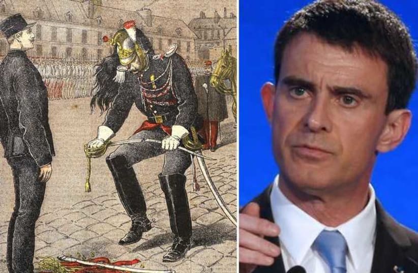 French Prime Minister Manuel Valls (R) and the Dreyfus affair (photo credit: REUTERS,Wikimedia Commons)
