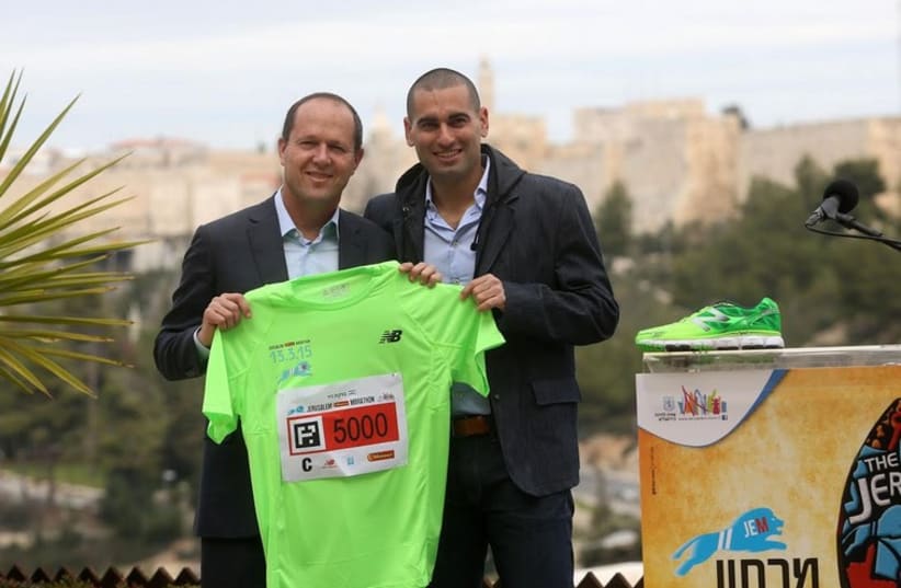Jerusalem Mayor Nir Barkat at the press conference to announce the fifth annual Jerusalem Marathon (photo credit: MARC ISRAEL SELLEM)