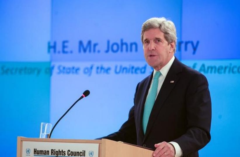 US Secretary of State John Kerry speaks at UN Human Rights Council (photo credit: US STATE DEPARTMENT)