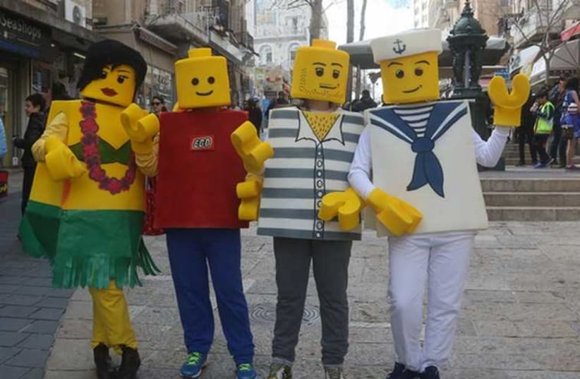 Purim Lego costumes  (photo credit: MARC ISRAEL SELLEM/THE JERUSALEM POST)