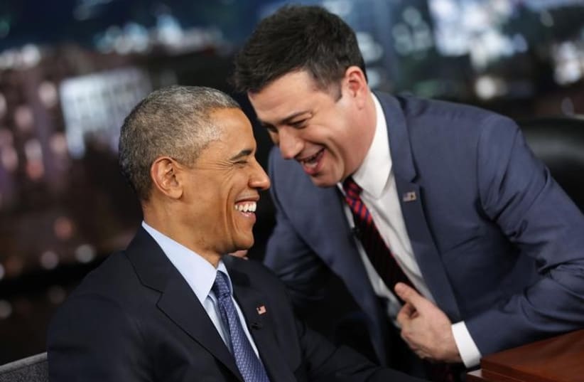 US President Barack Obama (L) jokes with TV talk show host Jimmy Kimmel during a taping in Los Angeles (photo credit: REUTERS)