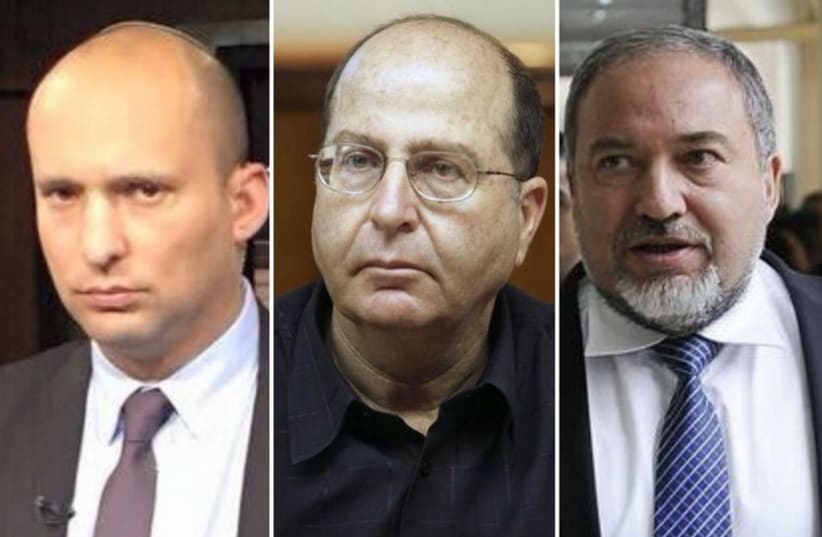 Naftali Bennett (L), Moshe Ya'alon, and Avigdor Liberman vie for the title of defense minister (photo credit: FACEBOOK,REUTERS)