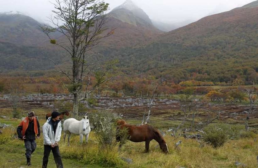 Travelers walk along a trail in Argentina's Patagonia region (photo credit: REUTERS)
