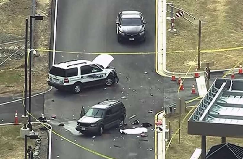 An aerial view of a shooting scene at the National Security Agency at Fort Meade in Maryland is pictured in this still image take from video, March 30 (photo credit: REUTERS)