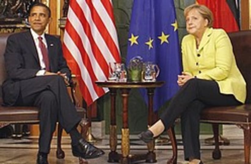 Obama sits with Merkel 248.88 (photo credit: AP)