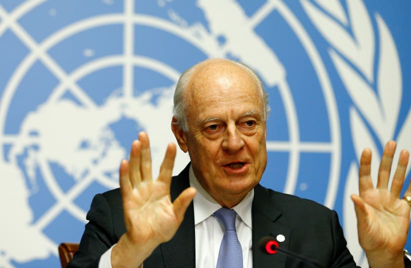  United Nations Special Envoy for Syria Staffan de Mistura attends a news conference during the Intra Syria talks at the UN offices in Geneva, Switzerland, (photo credit: REUTERS/PIERRE ALBOUY)