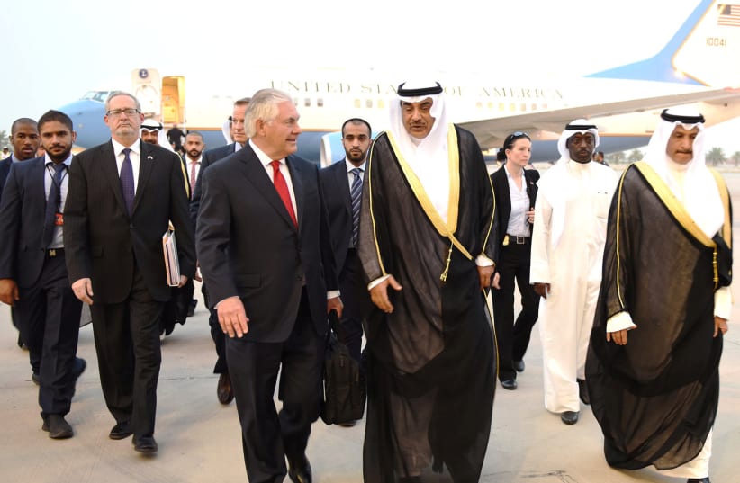 US Secretary of State Rex Tillerson is welcomed at the airport by Kuwait Minister of Foreign Affairs Sheikh Sabah al-Khalid al-Sabah in Kuwait City (photo credit: HANDOUT)