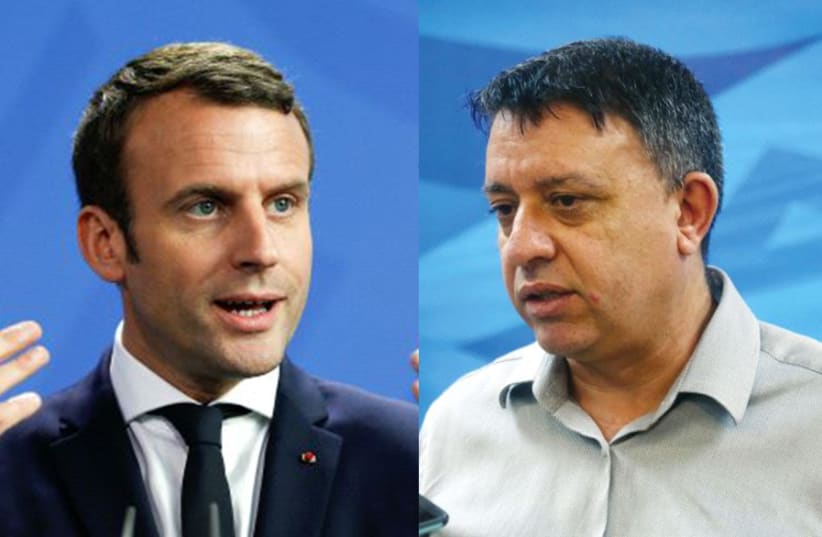 French President Emmanuel Macron and Labor party leader Avi Gabbay (photo credit: REUTERS/MARC ISRAEL SELLEM)