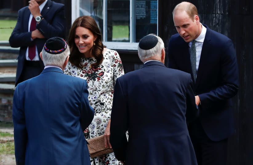 Prince William, the Duke of Cambridge and Catherine, The Duchess of Cambridge meet with Holocaust survivors during their visit at the museum of former German Nazi concentration camp Stutthof in Sztutowo, Poland July 18, 2017. (photo credit: KACPER PEMPEL/REUTERS)