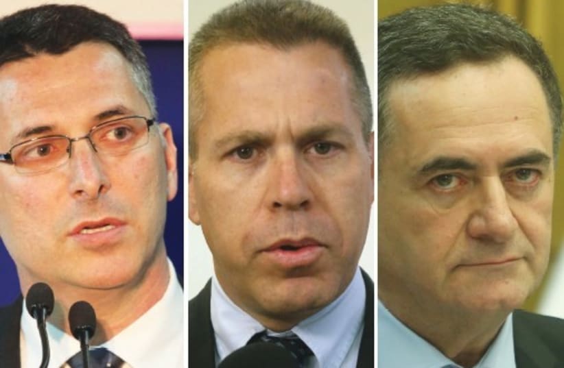FORMER CABINET minister Gideon Sa’ar, on the left, Public Security Minister Gilad Erdan (center) and Transportation Minister Israel Katz are seen as leading contenders to succeed Netanyahu (photo credit: MARC ISRAEL SELLEM/THE JERUSALEM POST)