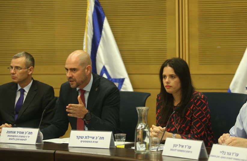 Special committee to pass the Basic Law: Israel, the Nation-State of the Jewish People committee chairman Amir Ohana (Likud) , Justice Minister Ayelet Shaked and Tourism Minister Yariv Levin (photo credit: MARC ISRAEL SELLEM/THE JERUSALEM POST)