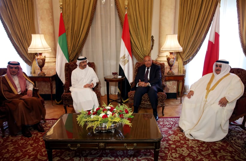 Saudi Foreign Minister Adel al-Jubeir (L), UAE Foreign Minister Abdullah bin Zayed al-Nahyan (C-L), Egyptian Foreign Minister Sameh Shoukry (C-R), and Bahraini Foreign Minister Khalid bin Ahmed al-Khalifa meet to discuss the diplomatic situation with Qatar, in Cairo, Egypt, July 5, 2017. (photo credit: REUTERS)