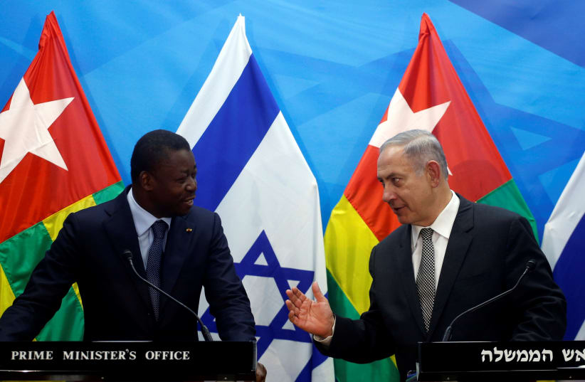 Israeli Prime Minister Benjamin Netanyahu (R) speaks with Togo's President Faure Gnassingbe during a joint statement in Jerusalem August 10, 2016.  (photo credit: REUTERS)