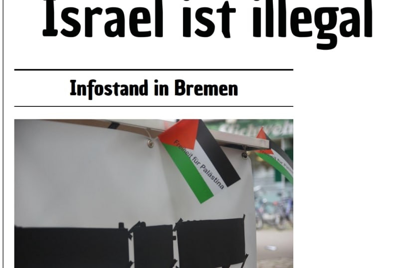 Screenshot from the German website "Israel is Illegal," which is a publication by The Feather, showing an anti-Israel information stand in Bremen. (photo credit: screenshot)