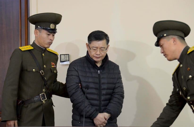 South Korea-born Canadian pastor Hyeon Soo Lim stands during his trial at a North Korean court (photo credit: KOREAN CENTRAL NEWS AGENCY / HANDOUT VIA REUTERS)