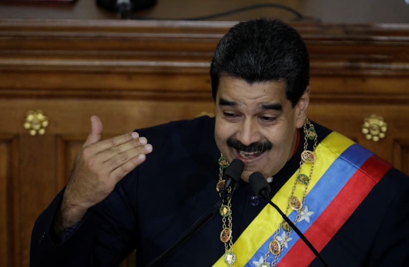 Venezuela's President Nicolas Maduro gestures as he speaks during a session of the National Constituent Assembly at Palacio Federal Legislativo in Caracas, Venezuela August 10, 2017 (photo credit: UESLEI MARCELINO/REUTERS)