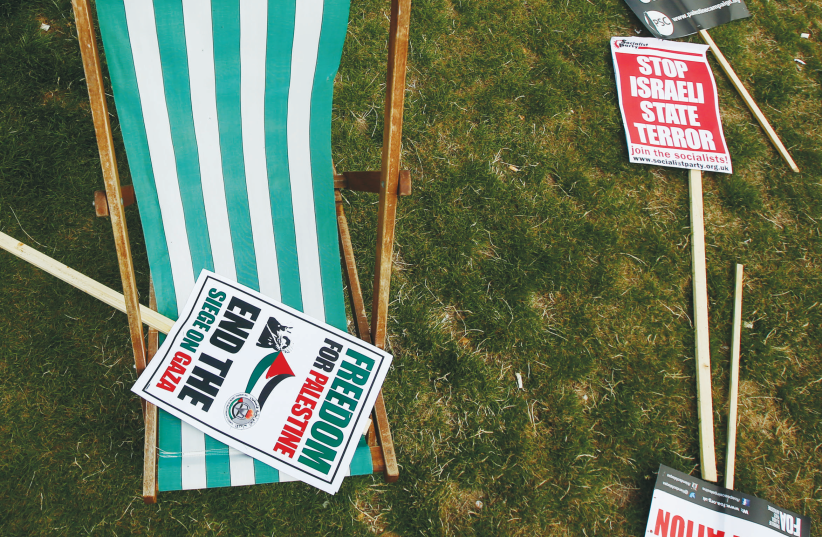 placards from an anti-Israel rally (Illustrative). (photo credit: REUTERS)