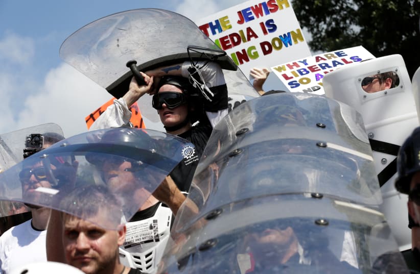 White nationalist protesters at the protest in Charlottesville (photo credit: JOSHUA ROBERTS / REUTERS)