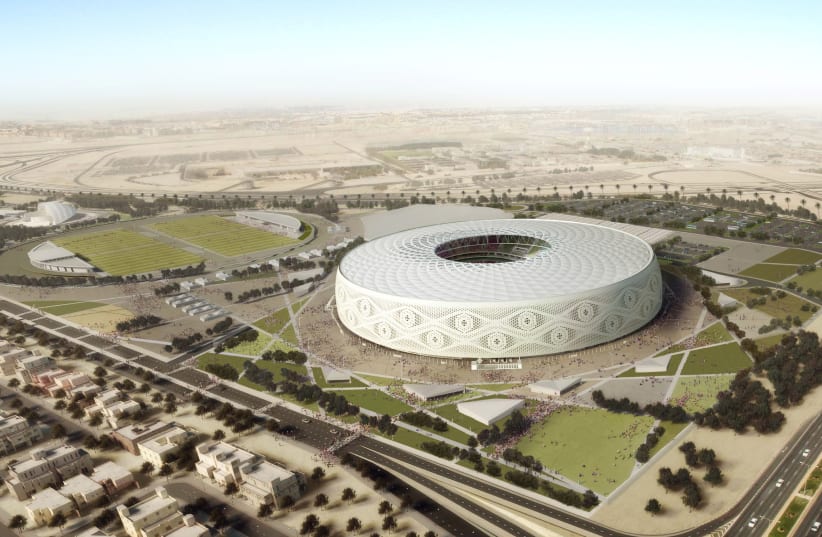 Doha's Al Thumama stadium, designed by a Qatari architect in the shape of a traditional knitted "gahfiya" Arabian cap, is seen in this undated artist illustration (photo credit: THE SUPREME COMMITTEE FOR DELIVERY & LEGACY/HANDOUT VIA REUTERS)