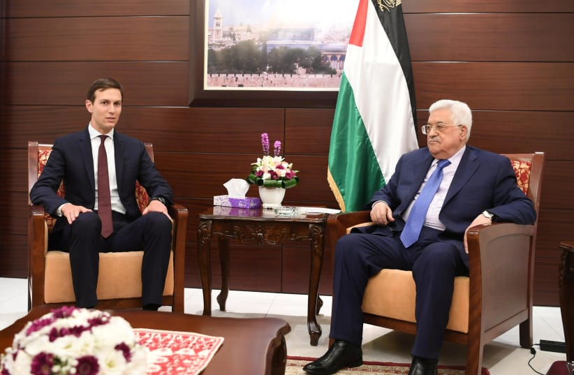 Palestinian President Mahmoud Abbas meets with US presidential adviser Jared Kushner in the West Bank city of Ramallah August 24, 2017 (photo credit: PALESTINIAN PRESIDENT OFFICE (PPO)/HANDOUT VIA REUTERS)