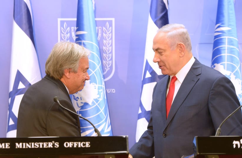 Prime Minister Benjamin Netanyahu meets with United Nations Secretary General Antonio Guterres meet in Jerusalem (photo credit: AMOS BEN-GERSHOM/GPO)