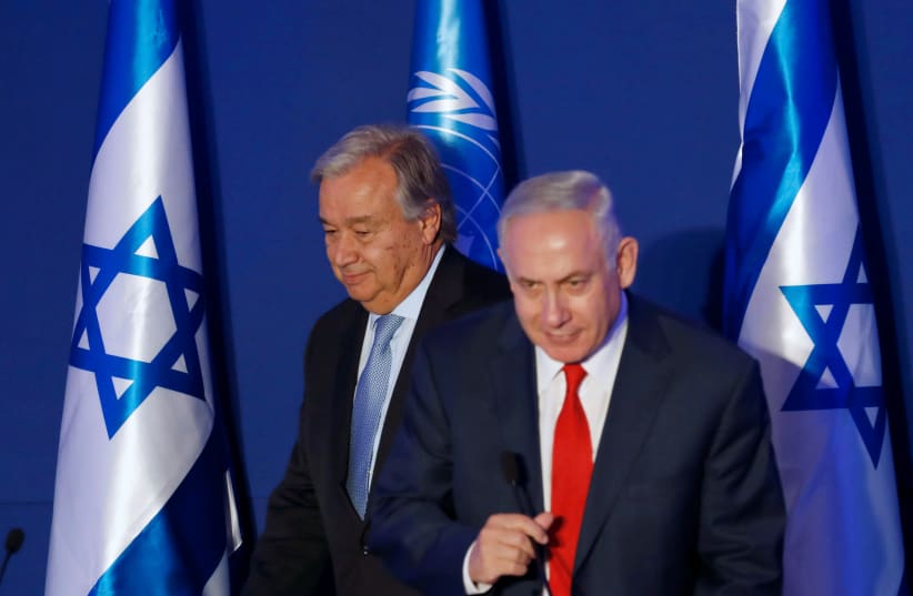 UN Secretary-General Antonio Guterres (L) and Israeli Prime Minister Benjamin Netanyahu in Jerusalem August 28, 2017. (photo credit: REUTERS)