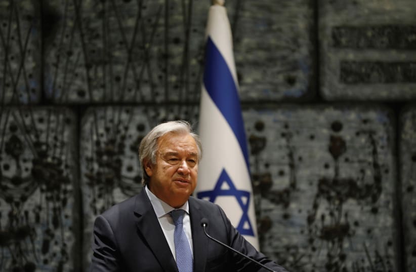 UN SECRETARY General Antonio Guterres delivers a statement during his meeting with Israeli President Reuven Rivlin in Jerusalem in August. (photo credit: REUTERS)