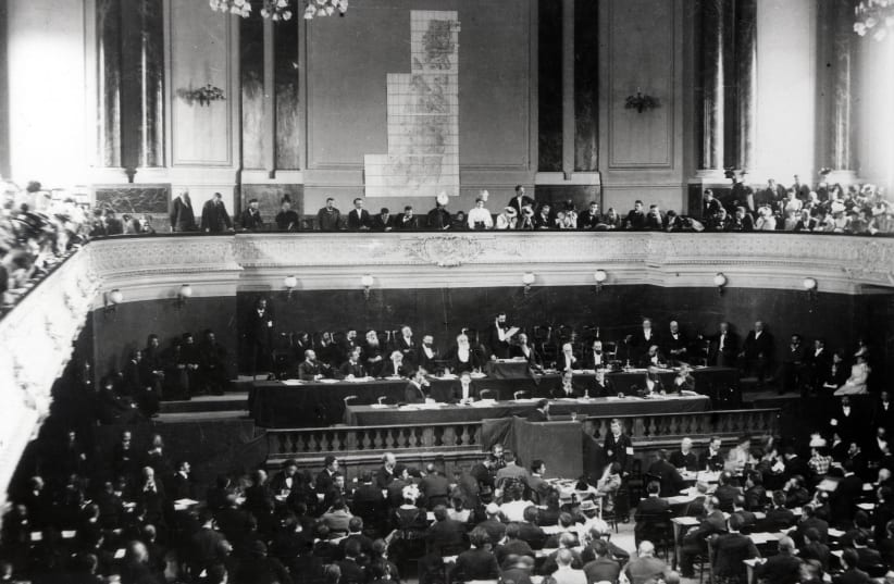 Theodor Herzl addresses the First or Second Zionist Congress in Basel, Switzerland (photo credit: WIKIMEDIA COMMONS/ISRAEL NATIONAL PHOTO COLLECTION)