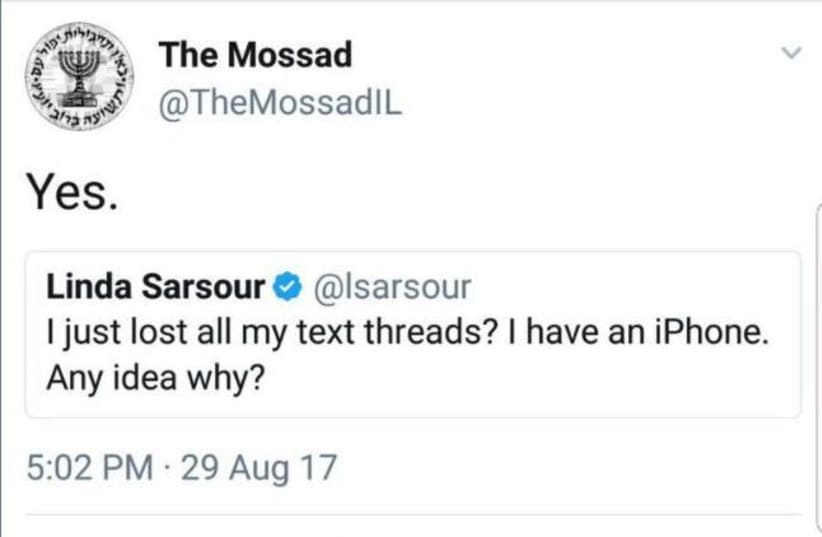 Screenshot from Twitter of interaction between Linda Sarsour and The Mossad. (photo credit: screenshot)