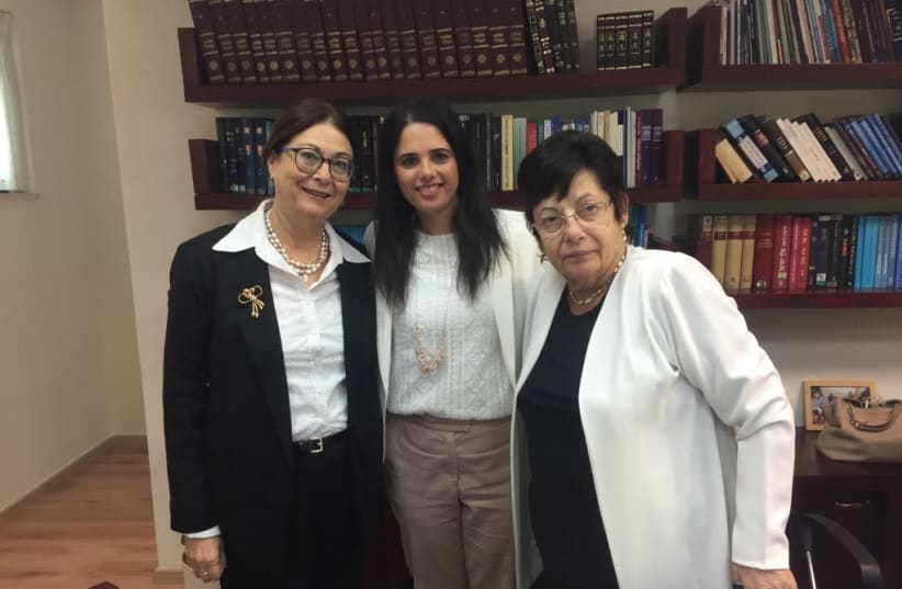 Esther Hayut, newly elected president of the Supreme Court, Justice Minister Ayelet Shaked and current Supreme Court president Miriam Naor, September 5, 2017. (photo credit: YONAH JEREMY BOB)
