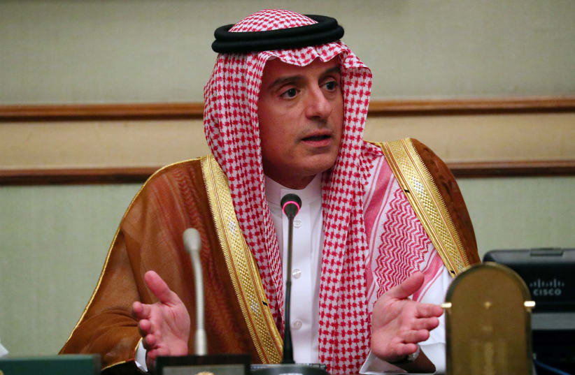 Saudi Arabia's Foreign Minister Adel al-Jubeir speaks at a briefing with reporters at the Saudi Embassy in London, Britain (photo credit: REUTERS / HANNAH MCKAY)