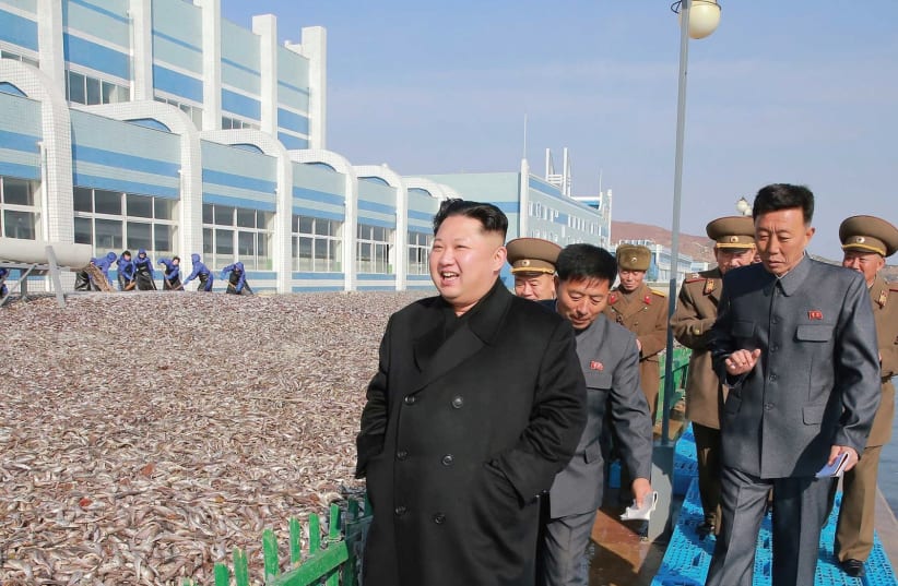 NORTH KOREAN leader Kim Jung-un visits fishery stations, which made an unprecedented catch of fish in 2016. (photo credit: REUTERS)