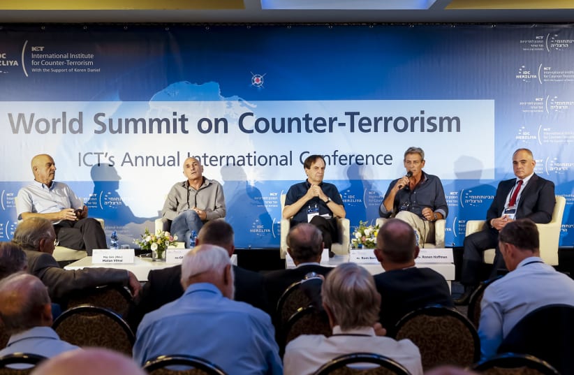Experts take part in a panel at the IDC Institute of Counterterrorism annual conference (photo credit: KFIR BOLOTIN/ICT)
