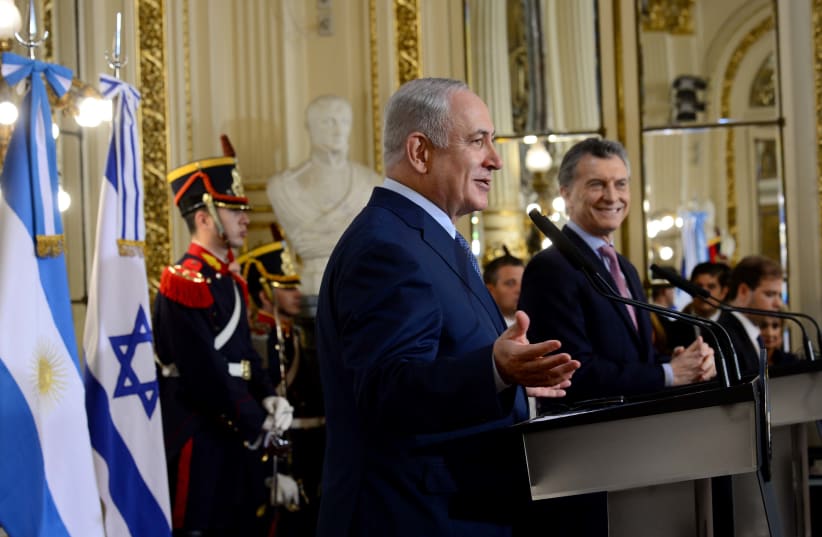 Prime Minister Benjamin Netanyahu speaking at the House of the Argentinian president in Buenos Aires, September 12, 2017. (photo credit: AVI OHAYON - GPO)