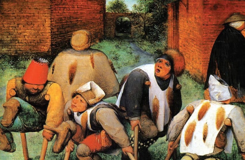 In Pieter Bruegel the Elder’s ‘The Beggars’ (1568) the tails pinned to the backs of characters are likely an indication of their status as social outcasts. (photo credit: WIKIPEDIA)
