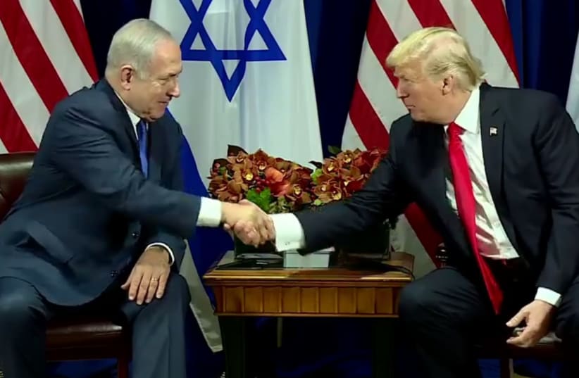 US President Donald Trump and Benjamin Netanyahu meet in New York, September 18, 2017 (photo credit: screenshot)