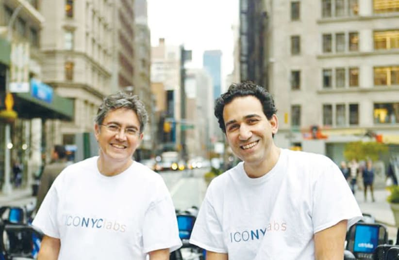 ISRAELI START-UP incubator co-founders Arie Abecassis (left)and Eval Bino pose outside their office in Manhattan. (Courtesy ICONYC) (photo credit: Courtesy)