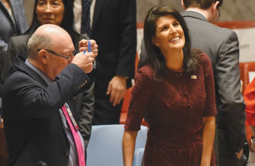 US Ambassador Nikki Haley arrives for a Security Council meeting last month at UN headquarters in New York. (photo credit: STEPHANIE KEITH/REUTERS)
