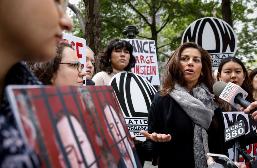 Sonia Ossorio, President of the National Organization for Women of New York, speaks during a rally to call upon Manhattan District Attorney Cyrus Vance Jr. to reopen a criminal investigation against Harvey Weinstein, New York, October 2017 (photo credit: REUTERS/BRENDAN MCDERMID)
