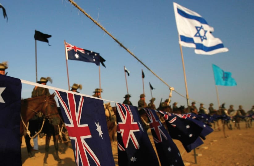 Australian and US flags in Beersheba during a 2007 event marking 90 years since the battle. (photo credit: REUTERS)
