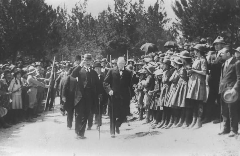  British Home Secretary Winston Churchill is escorted by High Commissioner Herbert Samuel, in Jerusalem during the British mandate era.  (photo credit: Wikimedia Commons)