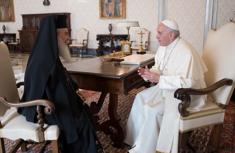Pope Francis meets with Theophilos III Greek Patriarch of Jerusalem at the Vatican (photo credit: Courtesy)