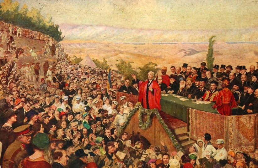 Lord Balfour declares the Hebrew University of Jerusalem open in painting by Leopold Pilichowski (photo credit: COURTESY HEBREW UNIVERSITY)