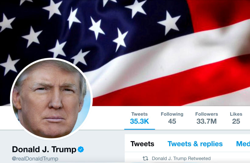 The masthead of U.S. President Donald Trump's @realDonaldTrump Twitter account is seen on July 11, 2017. (photo credit: @REALDONALDTRUMP/HANDOUT/FILE PHOTO VIA REUTERS)