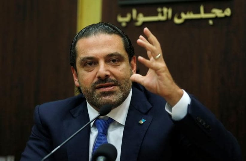 Lebanon's prime minister Saad al-Hariri gestures during a press conference in parliament building at downtown Beirut, Lebanon October 9, 2017. (photo credit: REUTERS/MOHAMED AZAKIR)