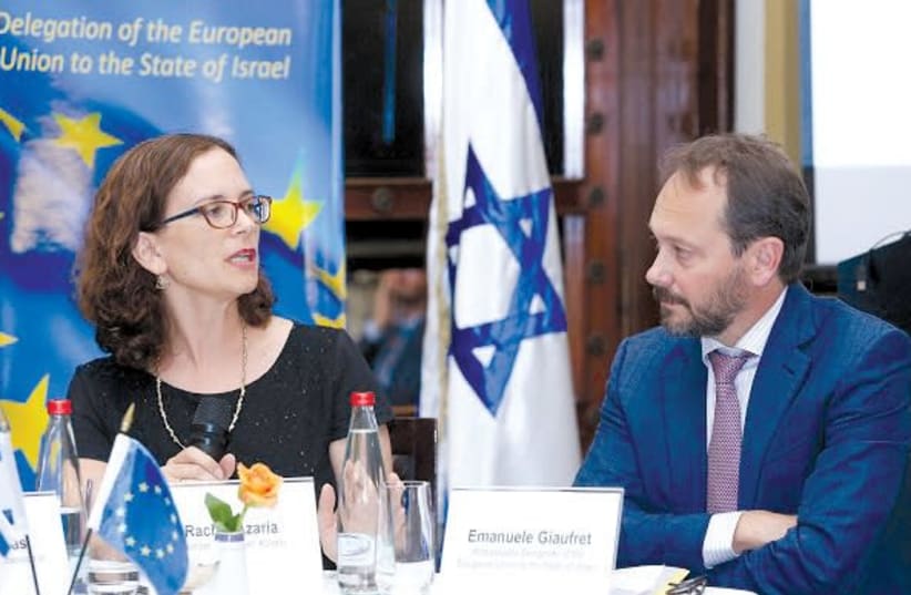 MK RACHEL AZARIA and EU Ambassador Emanuele Giaufret attend the EU-IASEI Annual Conference. (photo credit: Courtesy)